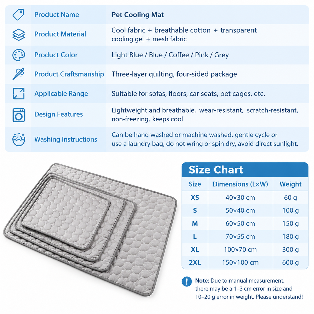 Pet Cooling Mat with Circular Quilted Pattern, Breathable Mesh Fabric and Soothing Gel Layer for Summer Lounging on Sofas, Floors, Crates, Beds, Car Seats and Outdoor Areas (Blue, L)