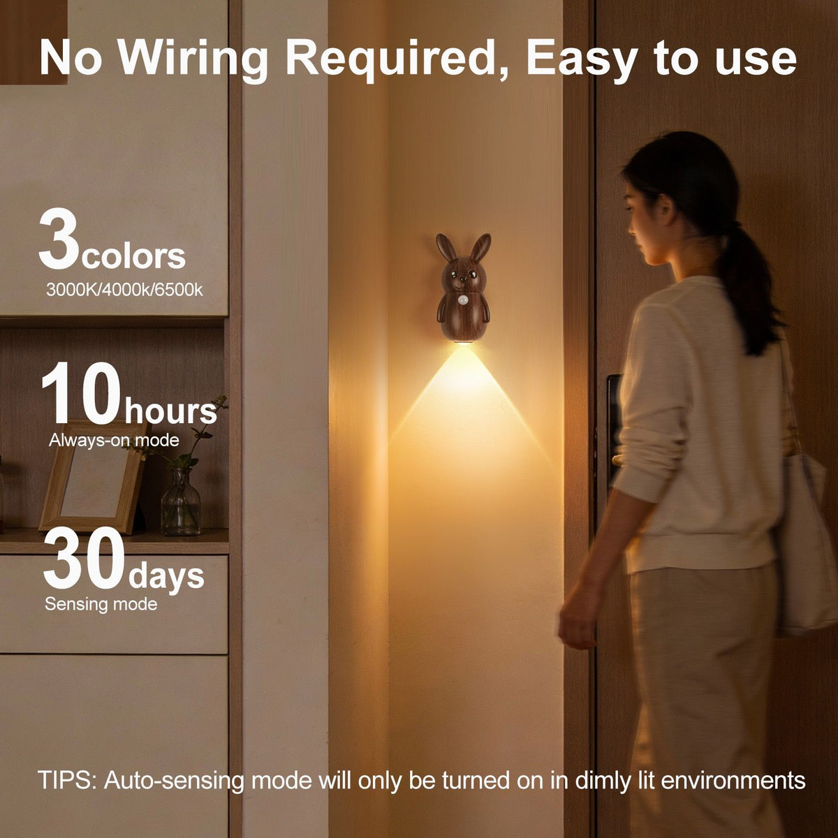 Adorable Cartoon Rabbit LED Motion Sensor Wall Light, Rechargeable Magnetic Cordless Night Lamp for Bedroom, Hallway, Stairs, and Kitchen with Dimmable Brightness and Adjustable Warm-to-Cool Glow (Wood Grain, 3PCS)
