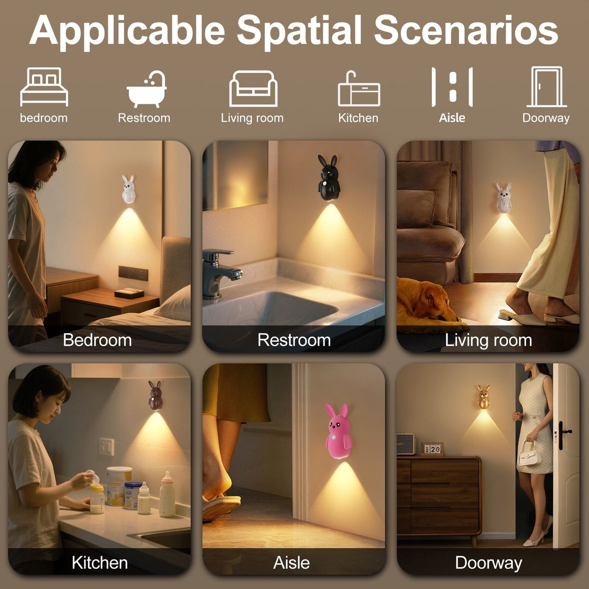 Adorable Cartoon Rabbit LED Motion Sensor Wall Light, Rechargeable Magnetic Cordless Night Lamp for Bedroom, Hallway, Stairs, and Kitchen with Dimmable Brightness and Adjustable Warm-to-Cool Glow (Wood Grain, 3PCS)