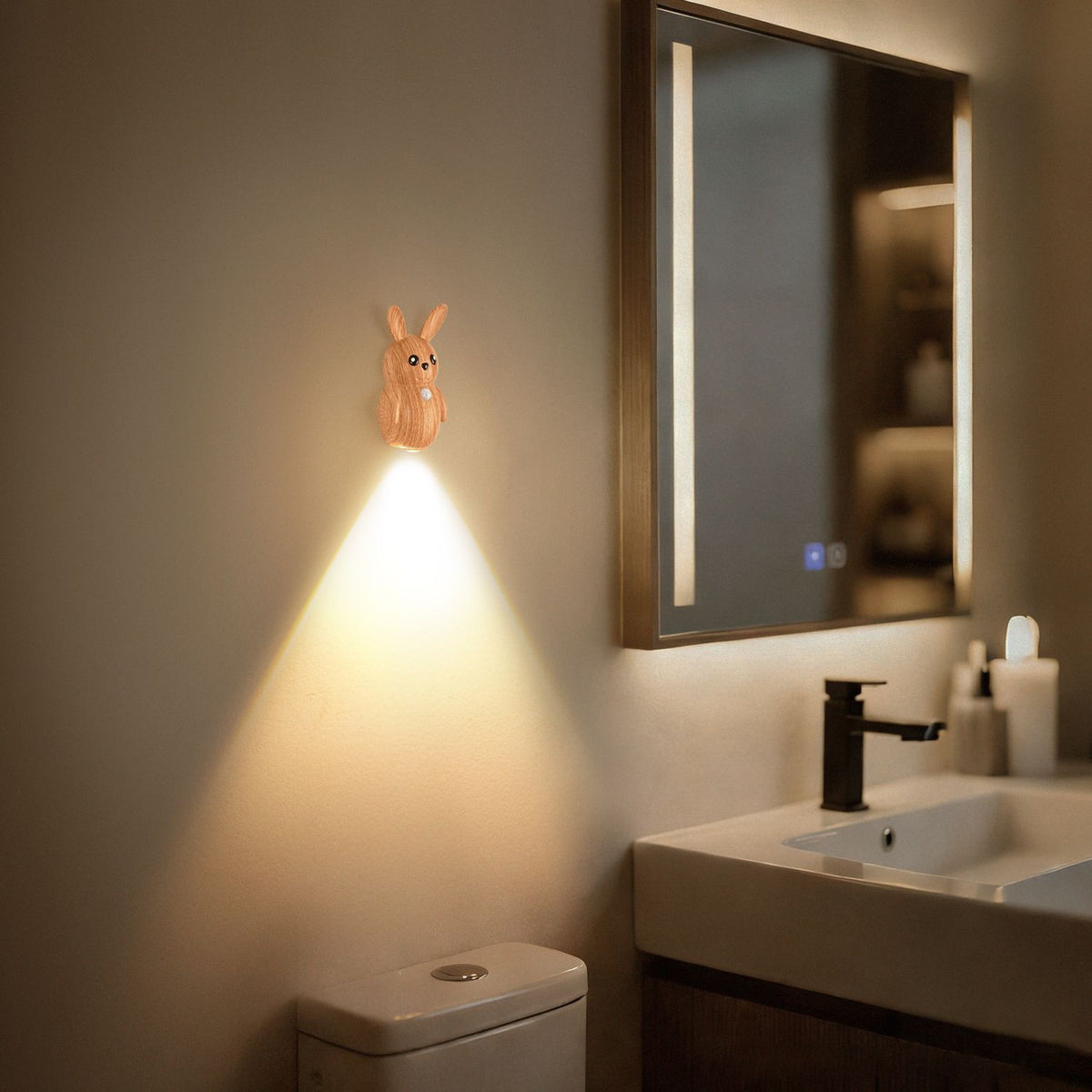 Adorable Cartoon Rabbit LED Motion Sensor Wall Light, Rechargeable Magnetic Cordless Night Lamp for Bedroom, Hallway, Stairs, and Kitchen with Dimmable Brightness and Adjustable Warm-to-Cool Glow (Wood Grain, 3PCS)