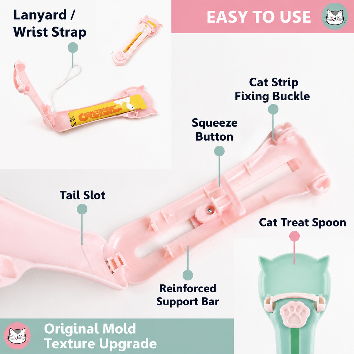 Cat Treat Paste Dispenser Spoon with Cat Paw Push Button – Portable Squeeze Feeder for Wet Food, Mess-Free Outdoor Use, Easy Clean Food-Grade PP, Cute Ear-Shaped Scoop Design (Blue)
