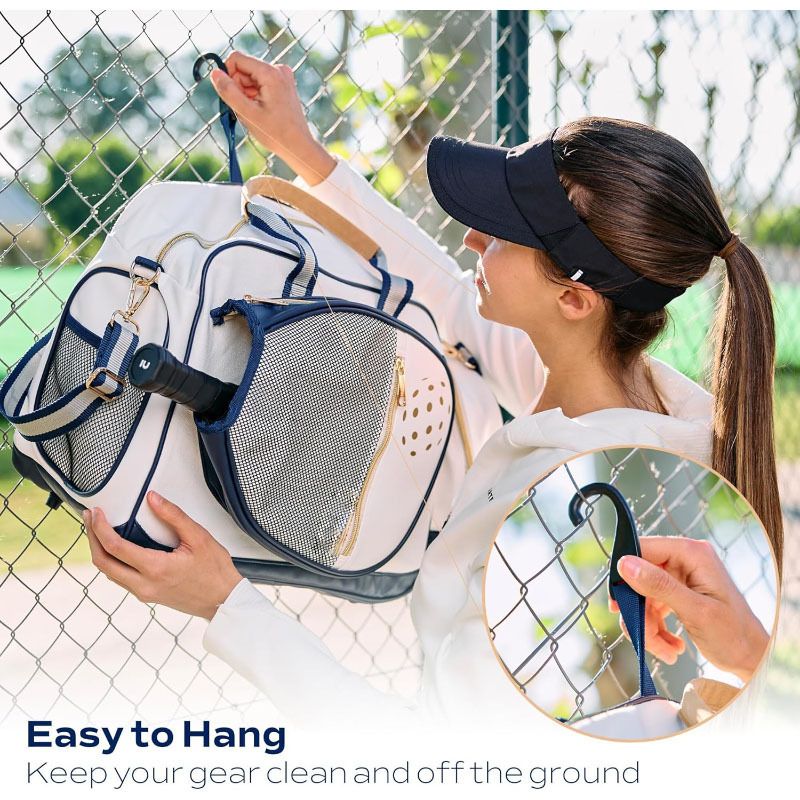 Pickleball Paddle Bag Large Capacity Sports Tote for Racket Shoes Water Bottle Phone with Fence Hook for Outdoor Court Training and Travel (White)