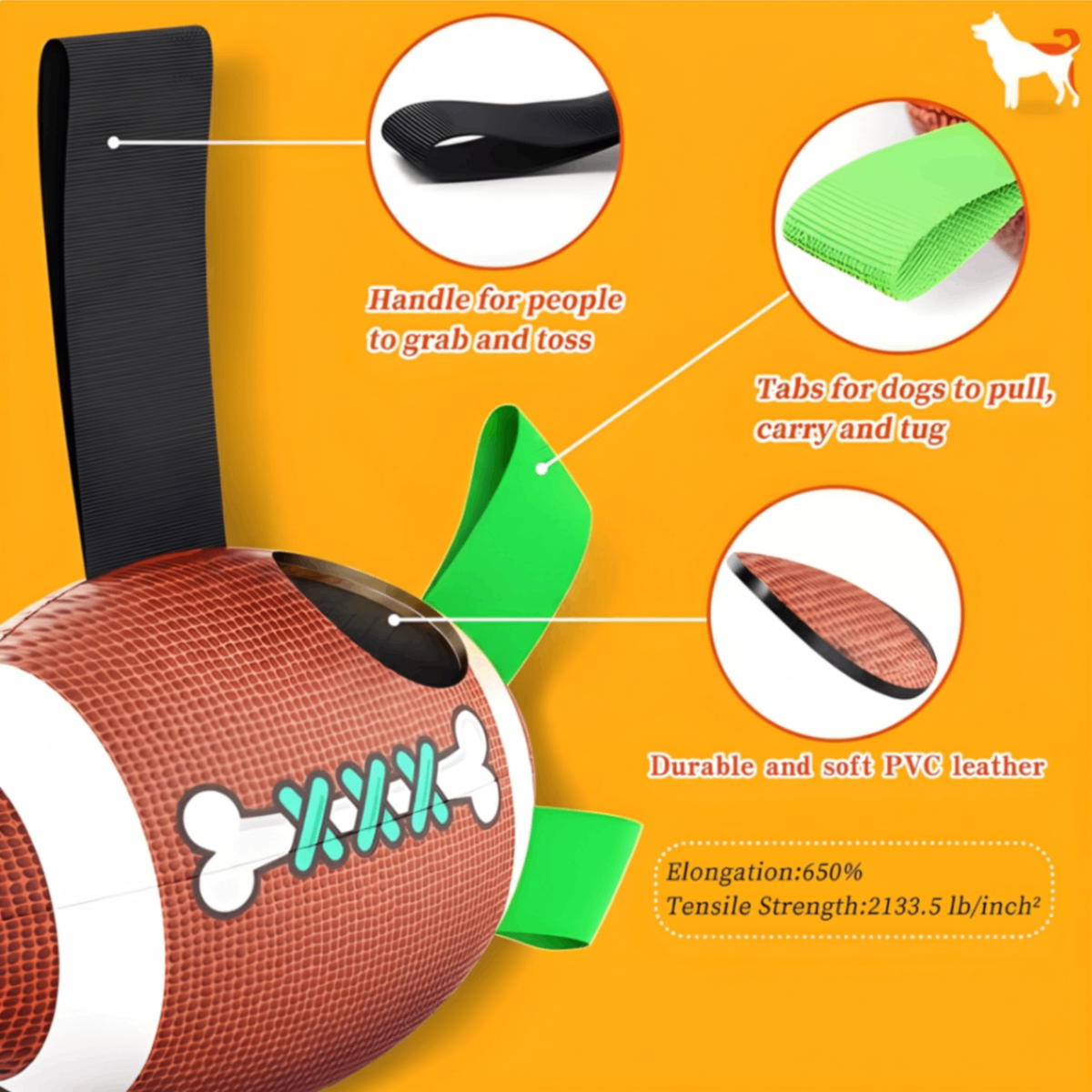 Interactive Dog Football Toy with Pull Tabs for Tug-of-War, Fetch, and Chew Play, Durable PU Leather and Nylon Straps for Indoor and Outdoor Fun (Deep Red)