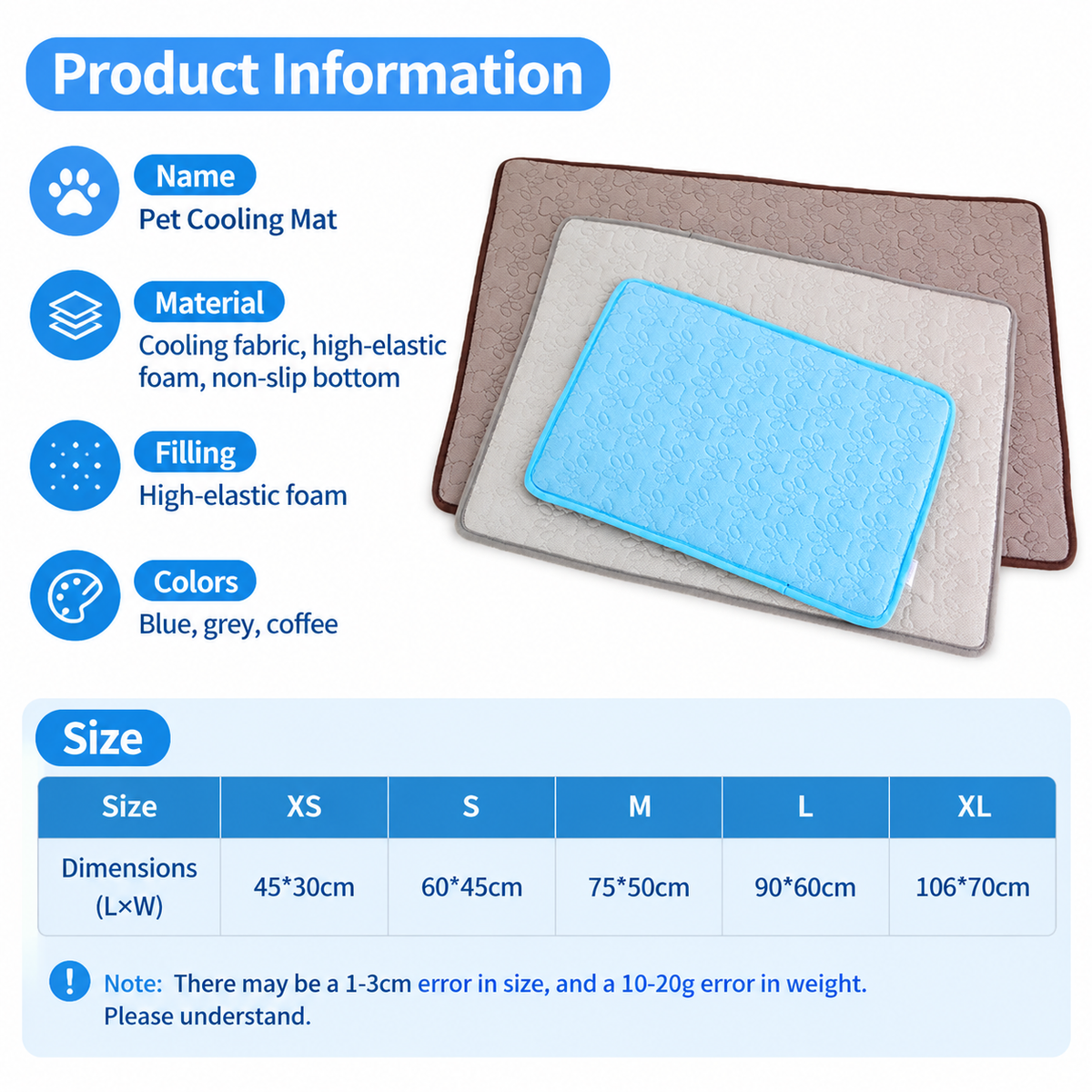 Cooling Pet Mat with Breathable Ice Silk Surface and Thick High-Elastic Foam for Dogs and Cats to Rest on Floors and Sofas During Hot Weather (Blue, XS)