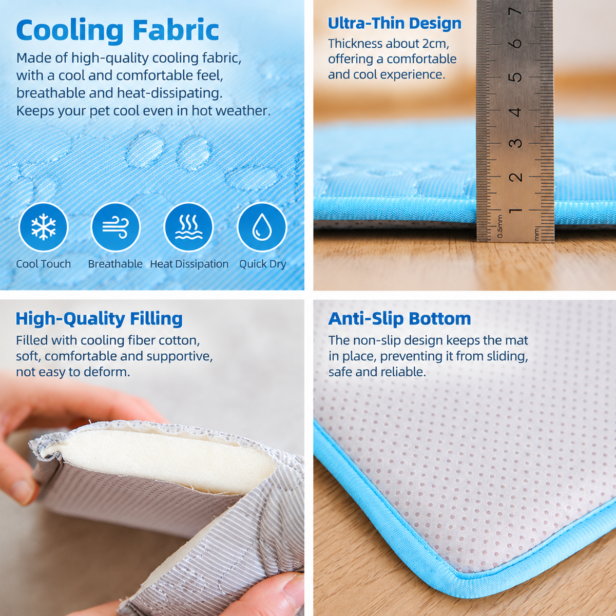 Cooling Pet Mat with Breathable Ice Silk Surface and Thick High-Elastic Foam for Dogs and Cats to Rest on Floors and Sofas During Hot Weather (Blue, XS)