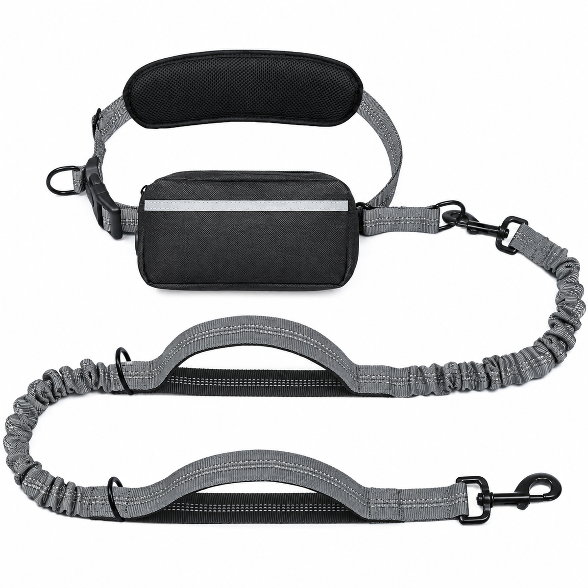 Hands-Free Dog Walking Belt with Bungee Leash and Reflective Waist Pouch Set for Running Jogging and Outdoor Adventures with Dogs (Khaki)