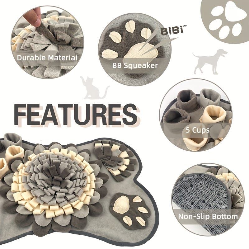 Interactive Dog Snuffle Mat for Slow Feeding, Mental Stimulation, and Foraging Training, Durable and Washable Puzzle Mat for All Breeds (Gray)