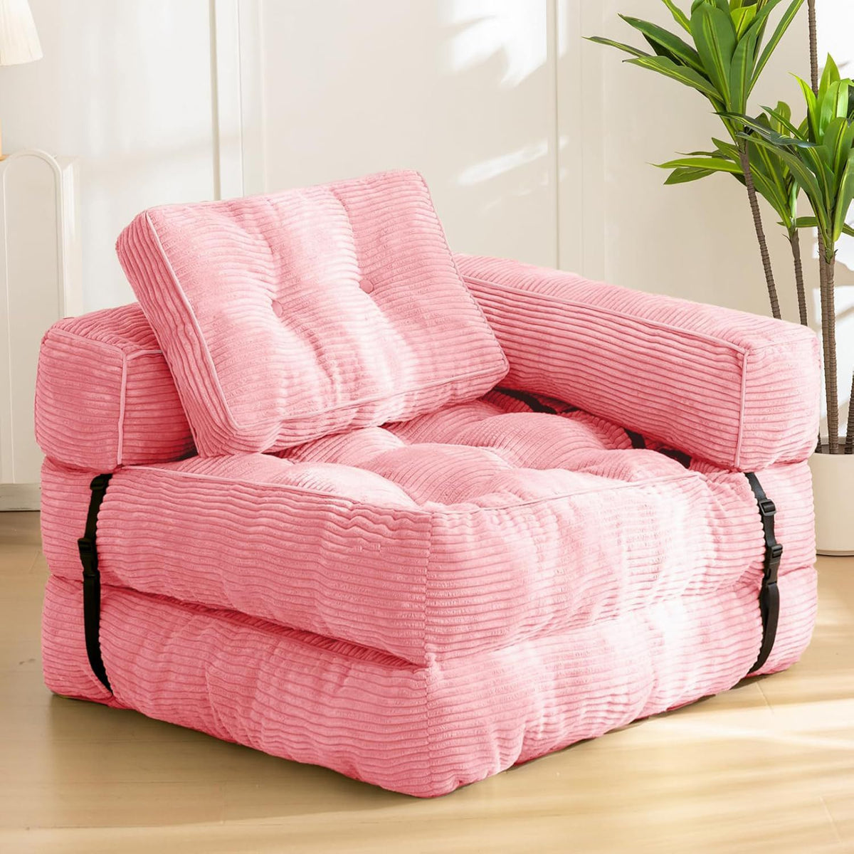 Foldable Corduroy Sofa Bed with Quilted Buttons and Pillow, Convertible Lounger for Reading, Gaming, Napping, and Relaxing at Home (Black)