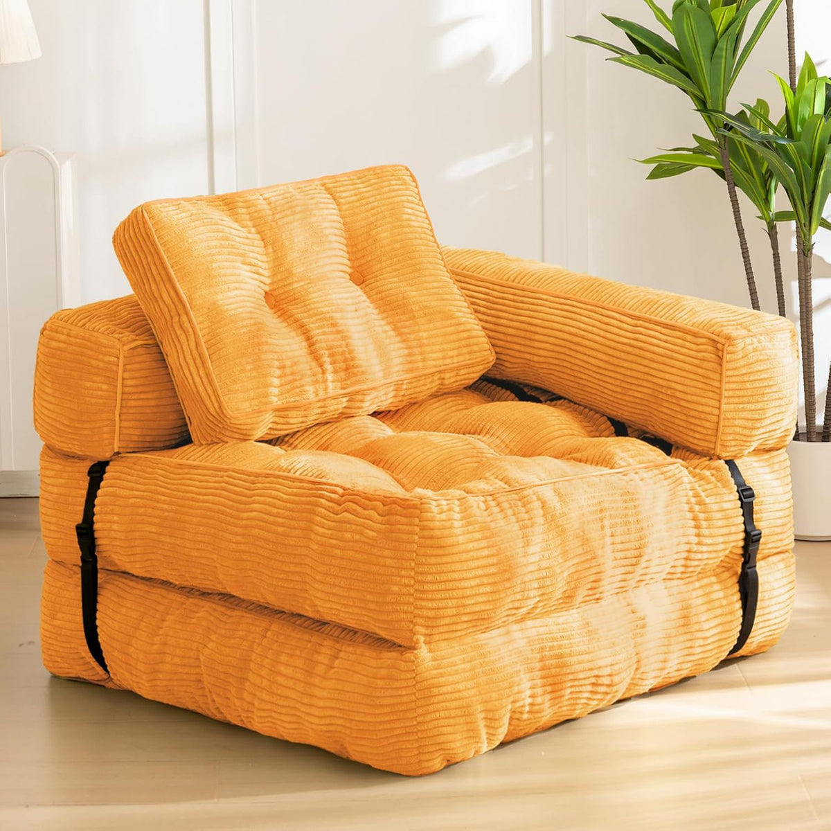 Foldable Corduroy Sofa Bed with Quilted Buttons and Pillow, Convertible Lounger for Reading, Gaming, Napping, and Relaxing at Home (Pink)