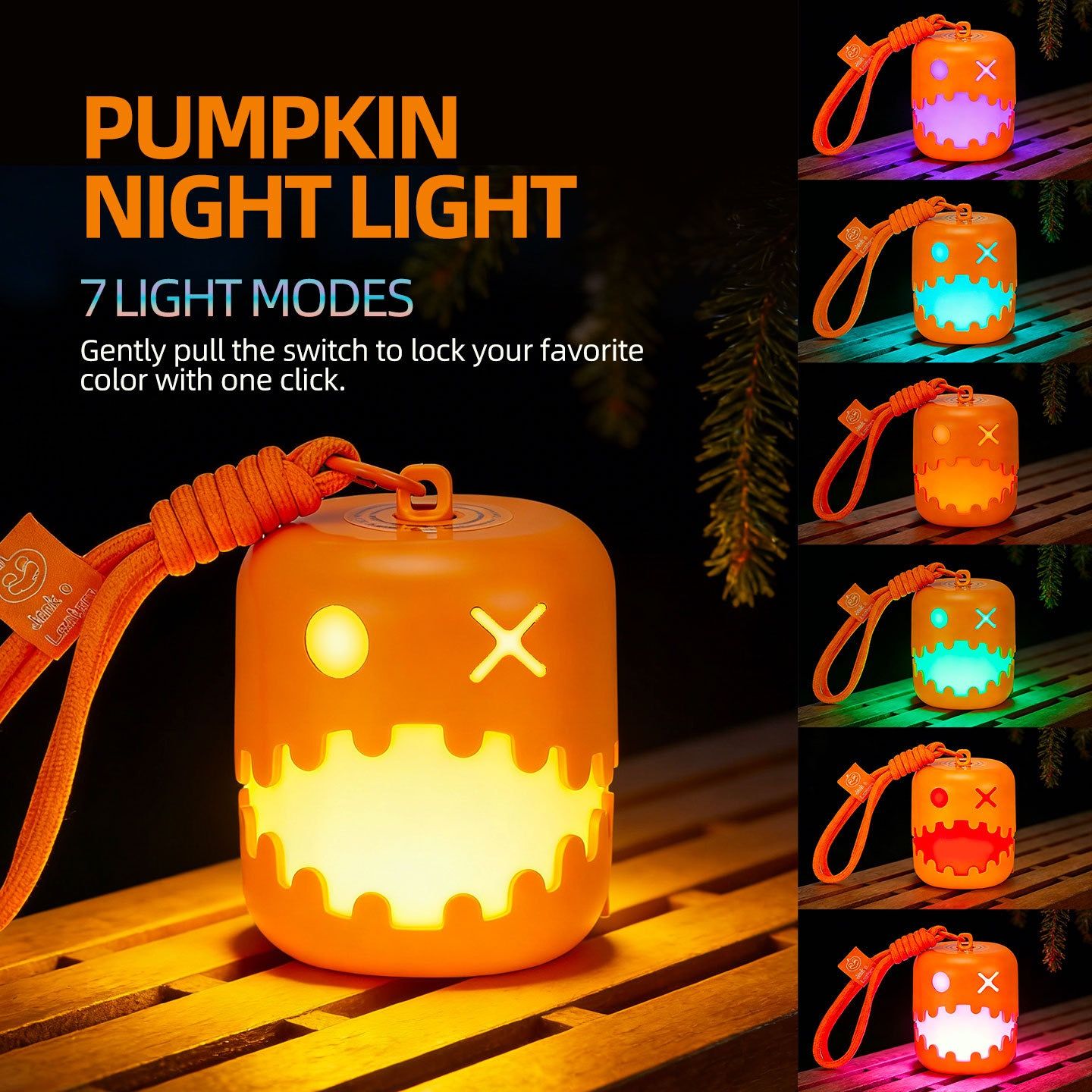 Dual-Expression Halloween Pumpkin Night Light with 7 Modes, Pull-String Control, and Rechargeable Battery – Spooky Festival Decor, Kids' Handheld Prop, and Cozy Bedside Lamp (1PCS)