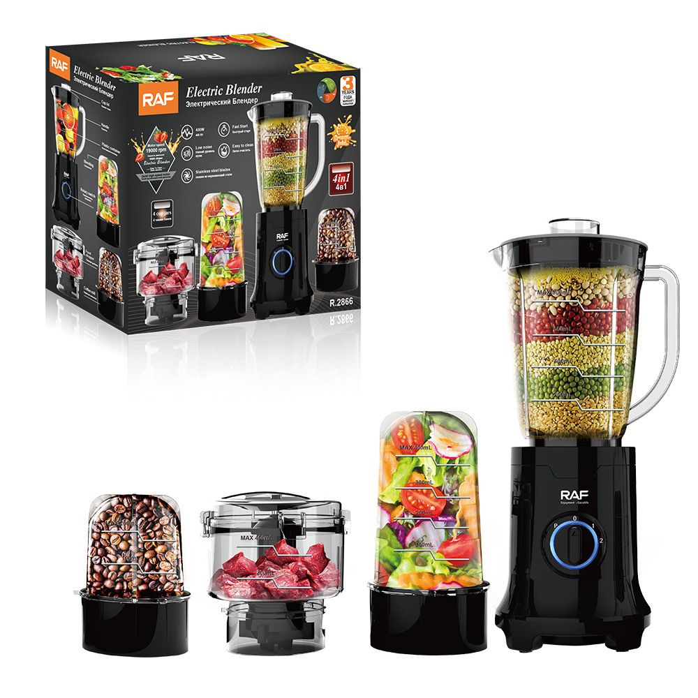 Four-in-One Electric Food Processor Blender with Multi-Function Cups for Juicing, Meat Grinding, Coffee Bean Milling and Baby Food Prep in Home Kitchens (Black)