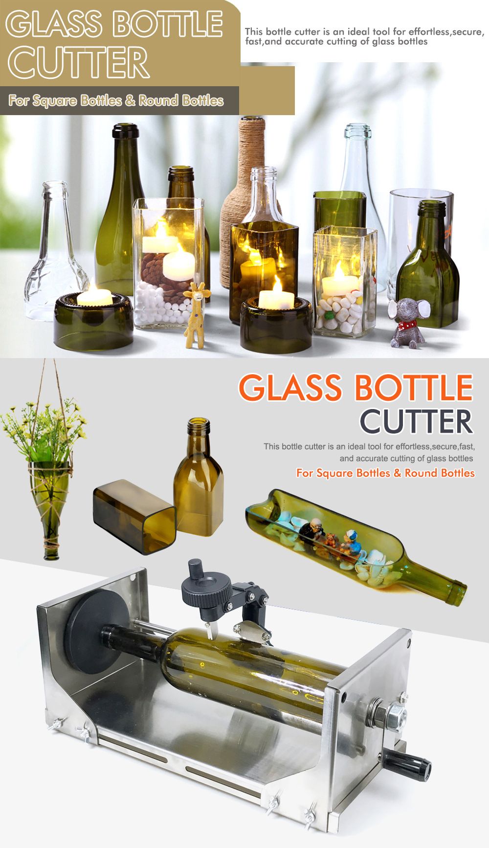Multifunctional Glass Bottle Cutter with Hand Crank Wheel, Adjustable Stainless Steel Cutting Tool for DIY Crafting, Horizontal and Vertical Cutting of Round and Square Bottles up to 325mm, Ideal for Home Decor Projects (Silver)