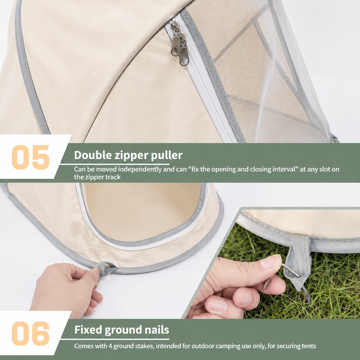 Foldable Portable Pet Tent – Breathable Oxford Fabric Puppy & Kitten House for Indoor Rest and Outdoor Camping, Equipped with Mesh Door and Ground Stakes for Picnic and Travel (Beige)