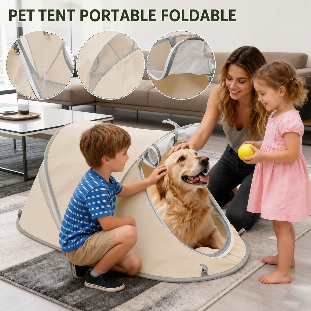 Foldable Portable Pet Tent – Breathable Oxford Fabric Puppy & Kitten House for Indoor Rest and Outdoor Camping, Equipped with Mesh Door and Ground Stakes for Picnic and Travel (Beige)