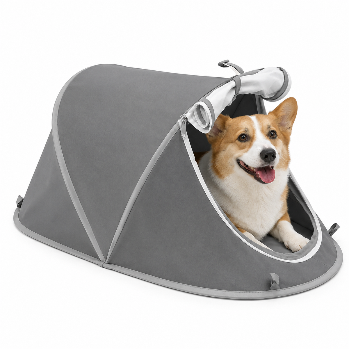 Foldable Portable Pet Tent – Breathable Oxford Fabric Puppy & Kitten House for Indoor Rest and Outdoor Camping, Equipped with Mesh Door and Ground Stakes for Picnic and Travel (Grey)