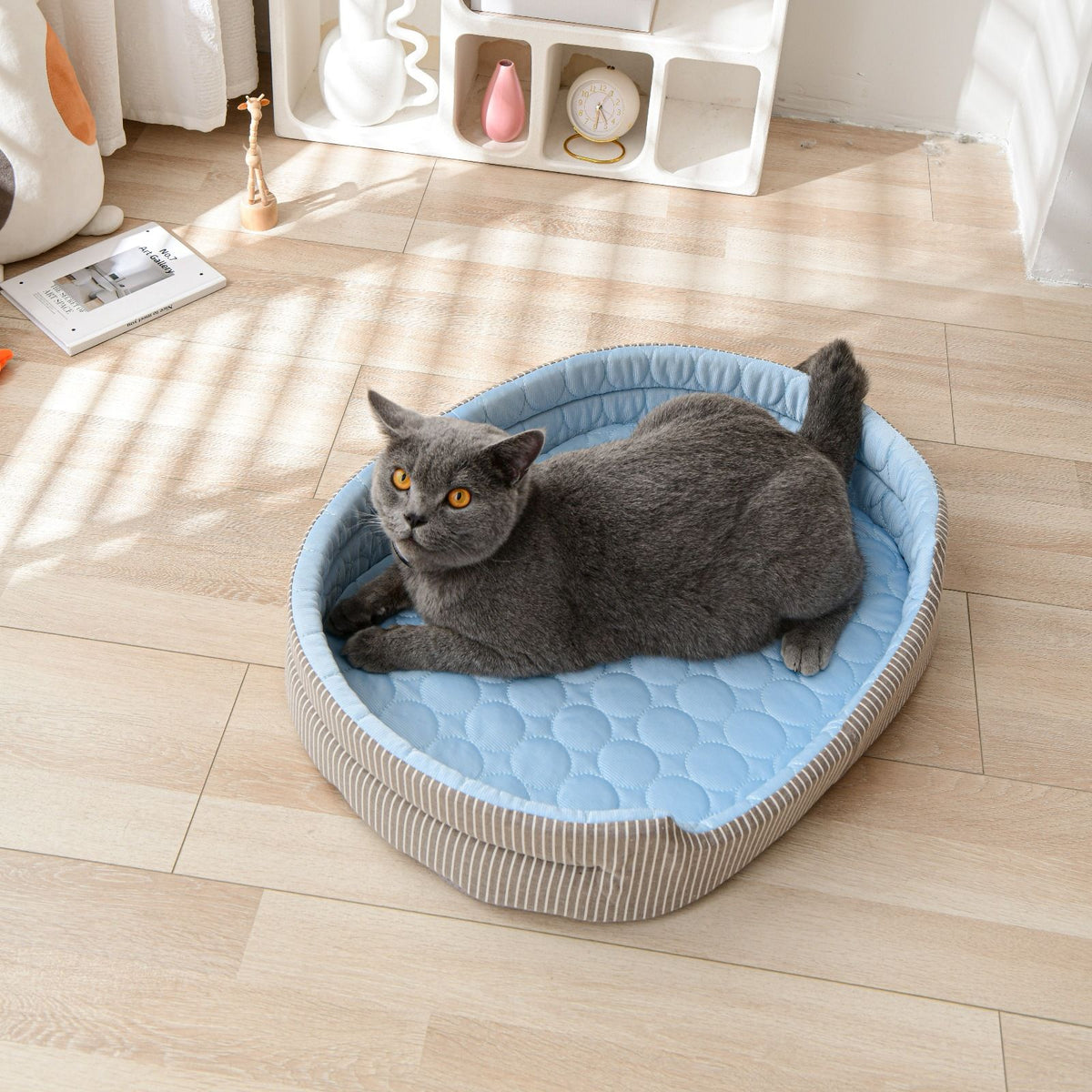Cooling Ice Silk Pet Bed for Small Dogs and Cats, Breathable Summer Nest with Washable Cushion, Anti-Slip Bottom, Indoor Lounging and Resting (Blue, M(60*48cm))