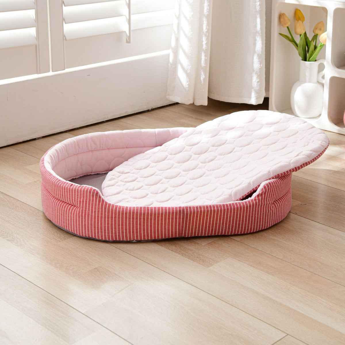 Cooling Ice Silk Pet Bed for Small Dogs and Cats, Breathable Summer Nest with Washable Cushion, Anti-Slip Bottom, Indoor Lounging and Resting (Pink, L(70*58cm))