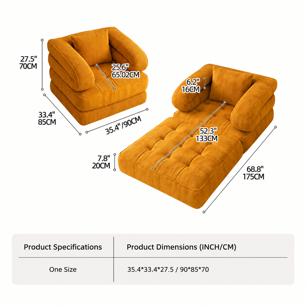 Foldable Multi-Functional Lounger Sofa with Corduroy Cover and High-Density Foam for Living Room Relaxation, Napping, and Lounging (Beige)