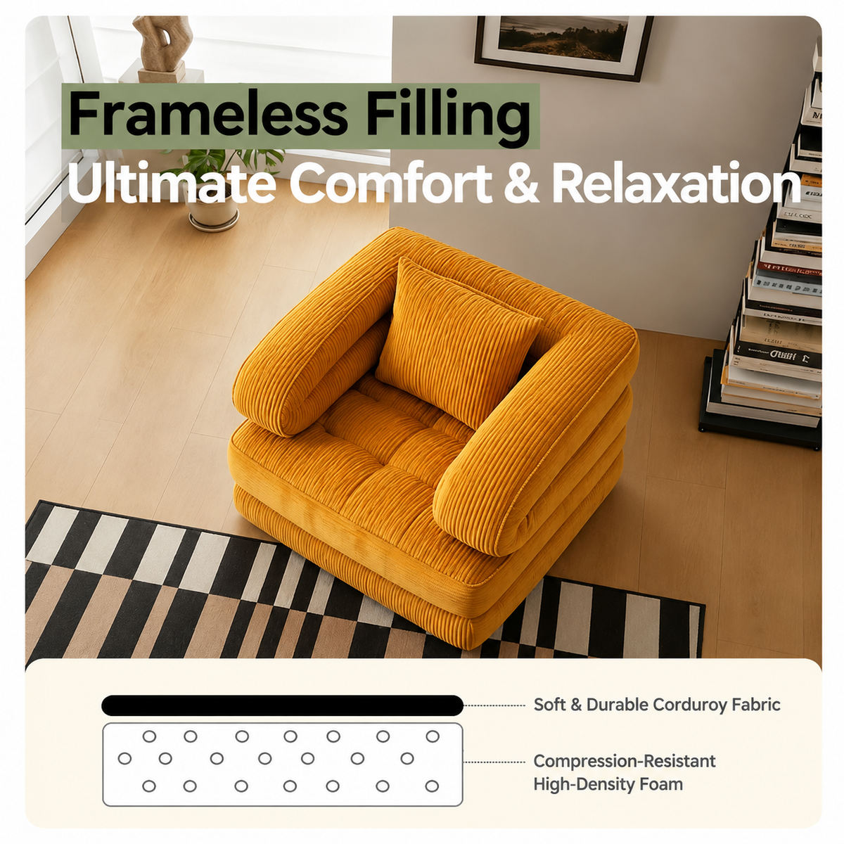 Foldable Multi-Functional Lounger Sofa with Corduroy Cover and High-Density Foam for Living Room Relaxation, Napping, and Lounging (Brown)