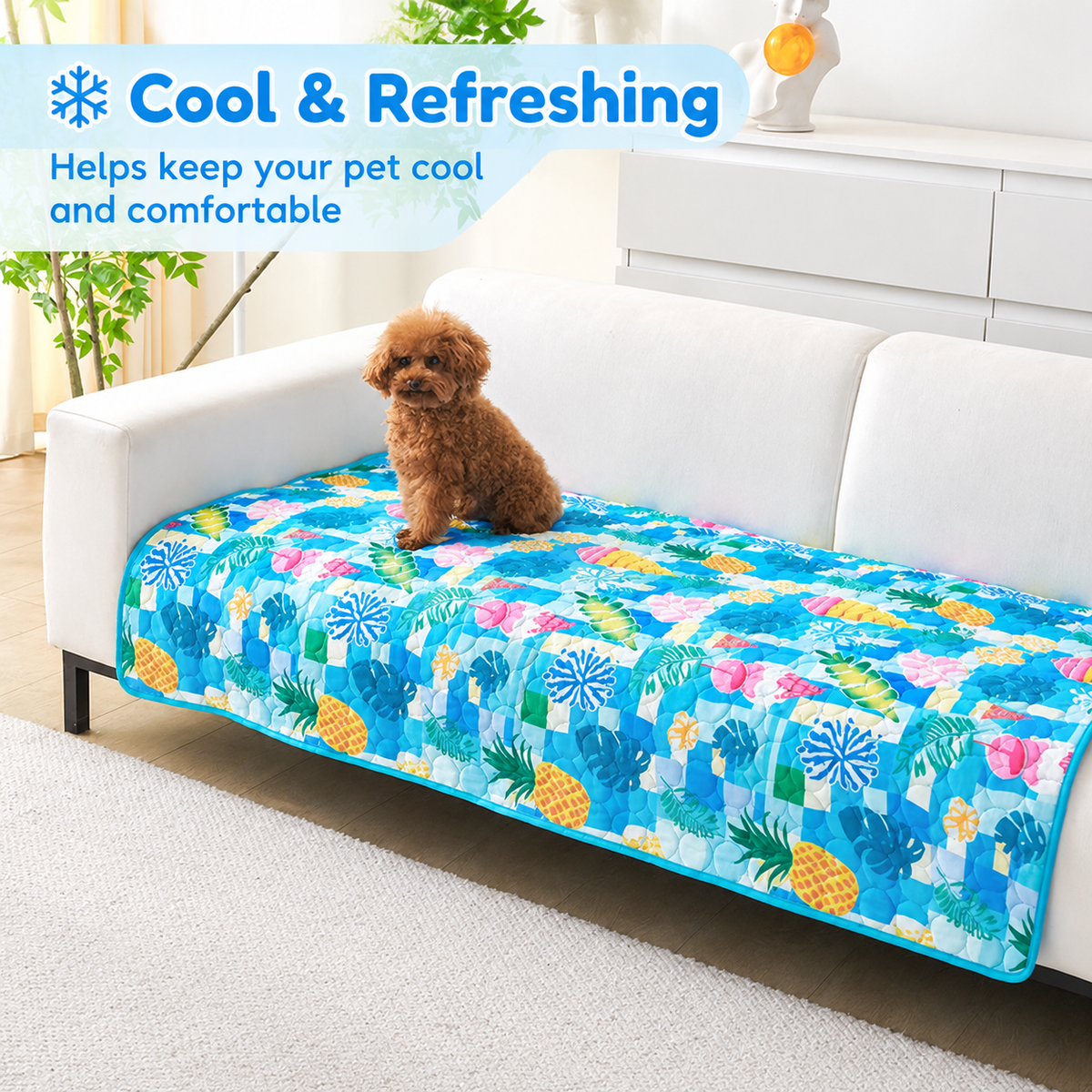 Cooling Pet Mat for Dogs and Cats, Breathable Ice Silk Summer Bed Pad with Non-Slip Base, Washable Comfortable Resting Cushion for Indoor Floors Sofas and Pet Crates (Blue Tropical Style, 2XL)