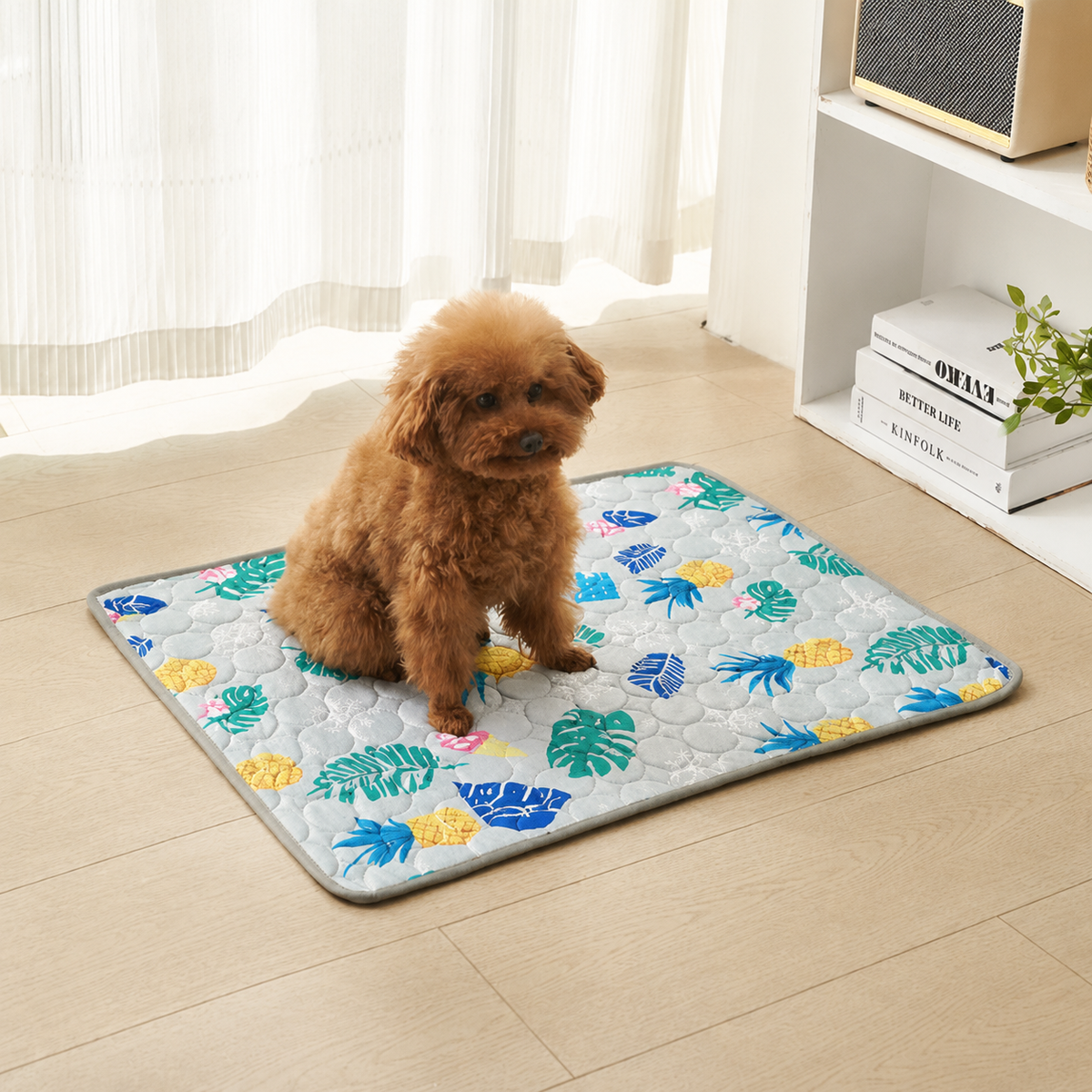 Cooling Pet Mat for Dogs and Cats, Breathable Ice Silk Summer Bed Pad with Non-Slip Base, Washable Comfortable Resting Cushion for Indoor Floors Sofas and Pet Crates (Blue Tropical Style, 2XL)