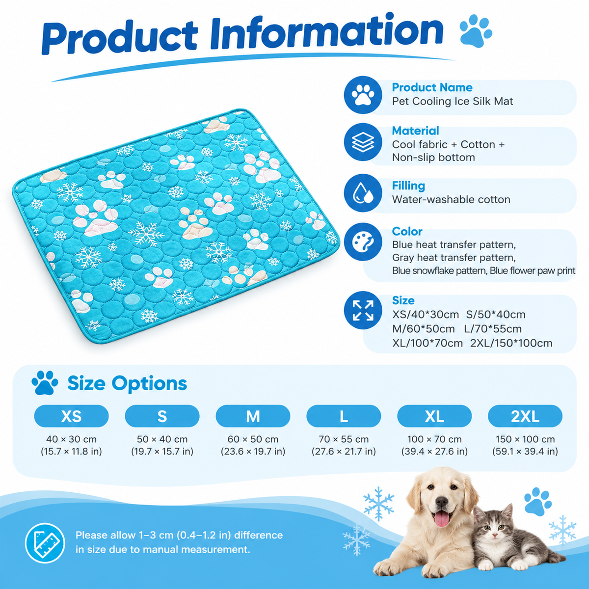 Cooling Pet Mat for Dogs and Cats, Breathable Ice Silk Summer Bed Pad with Non-Slip Base, Washable Comfortable Resting Cushion for Indoor Floors Sofas and Pet Crates (Blue Tropical Style, L)