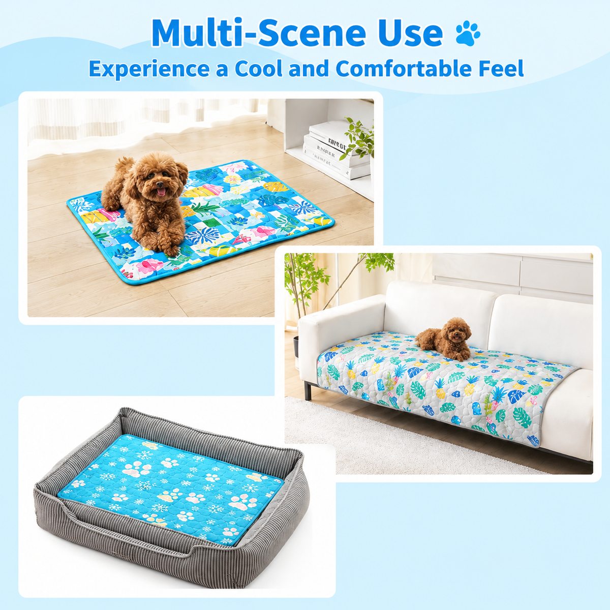 Cooling Pet Mat for Dogs and Cats, Breathable Ice Silk Summer Bed Pad with Non-Slip Base, Washable Comfortable Resting Cushion for Indoor Floors Sofas and Pet Crates (Blue Tropical Style, L)