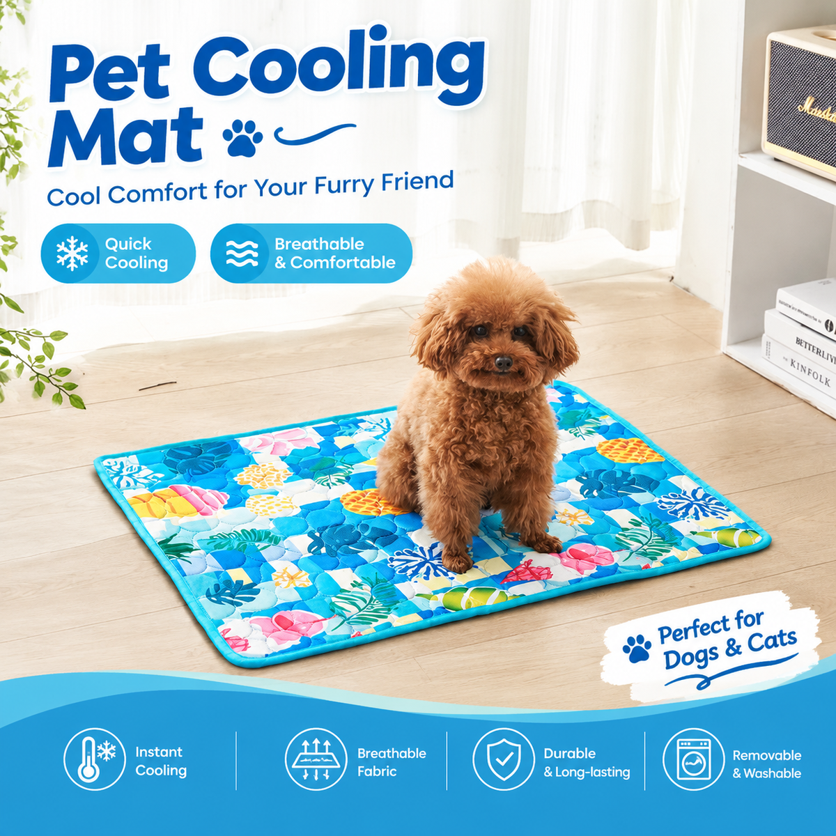 Cooling Pet Mat for Dogs and Cats, Breathable Ice Silk Summer Bed Pad with Non-Slip Base, Washable Comfortable Resting Cushion for Indoor Floors Sofas and Pet Crates (Pink Snowflake & Paw Print, M)
