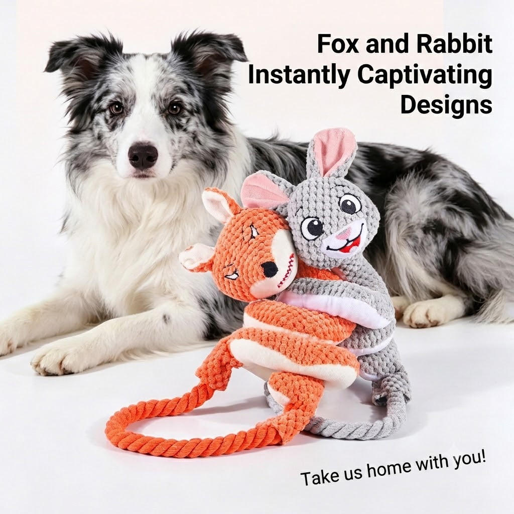 Spiral Plush Tug Toy for Large Dogs with Crinkle Sound and Durable Cotton Rope, Fox & Rabbit Designs – Perfect for Tug-of-War, Fetch, and Chewing Fun Indoors and Outdoors (Fox)