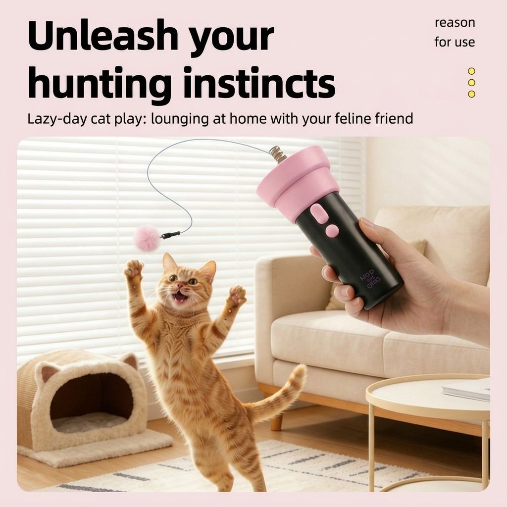 Interactive Electric Cat Fishing Toy with Retractable Feather Wand, Auto-Play Mode for Indoor Exercise, Handheld or Hands-Free Fun to Spark Your Cat’s Hunting Instinct, Lightweight and Durable, 3 Vibrant Color Options (Cotton Pink)