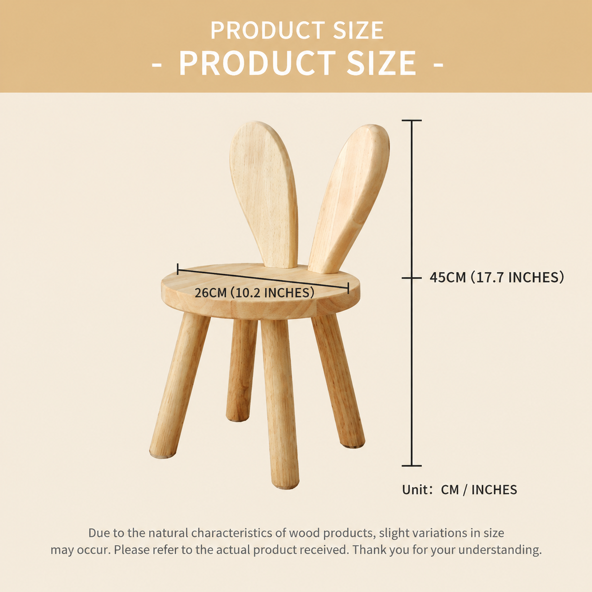 Cute Bunny Ear Solid Wood Stool for Kids, Natural Finish Children's Chair for Living Room Playroom Bedroom, Decorative Nursery Furniture (Natural)