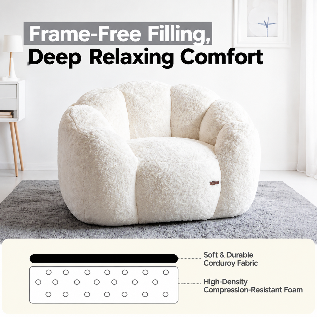 Cozy Bean Bag Sofa with Soft Corduroy Cover and High-Density Foam Filling for Living Room Bedroom Balcony Relaxation (Blush)