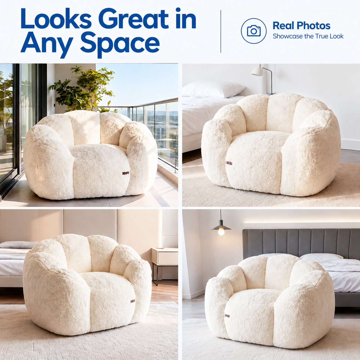 Cozy Bean Bag Sofa with Soft Corduroy Cover and High-Density Foam Filling for Living Room Bedroom Balcony Relaxation (White)