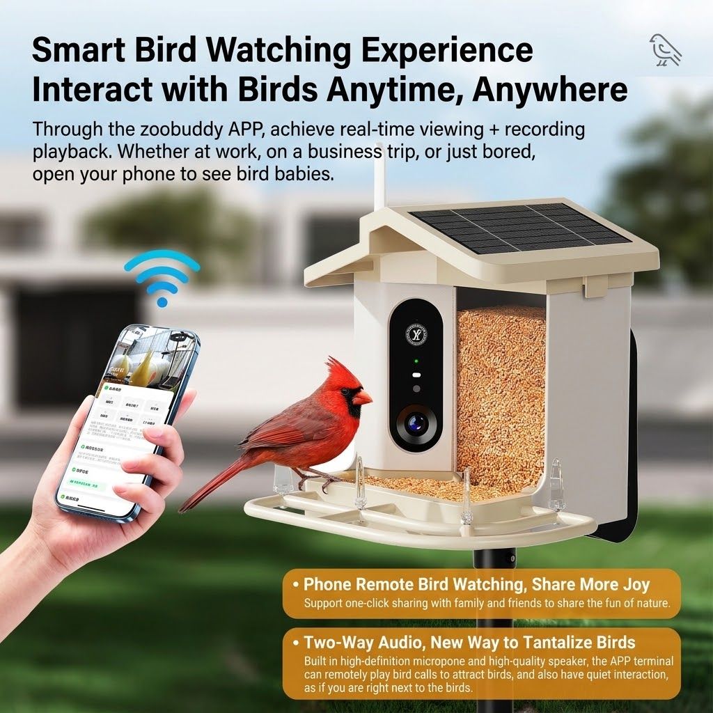 Smart Bird Feeder with 2K-4K Ultra HD AI Bird Recognition, Solar-Powered Outdoor Camera Feeder for Garden, Balcony, or Tree Mounting, Ideal for Bird Watching Enthusiasts and Backyard Wildlife Lovers (1080P, Green)