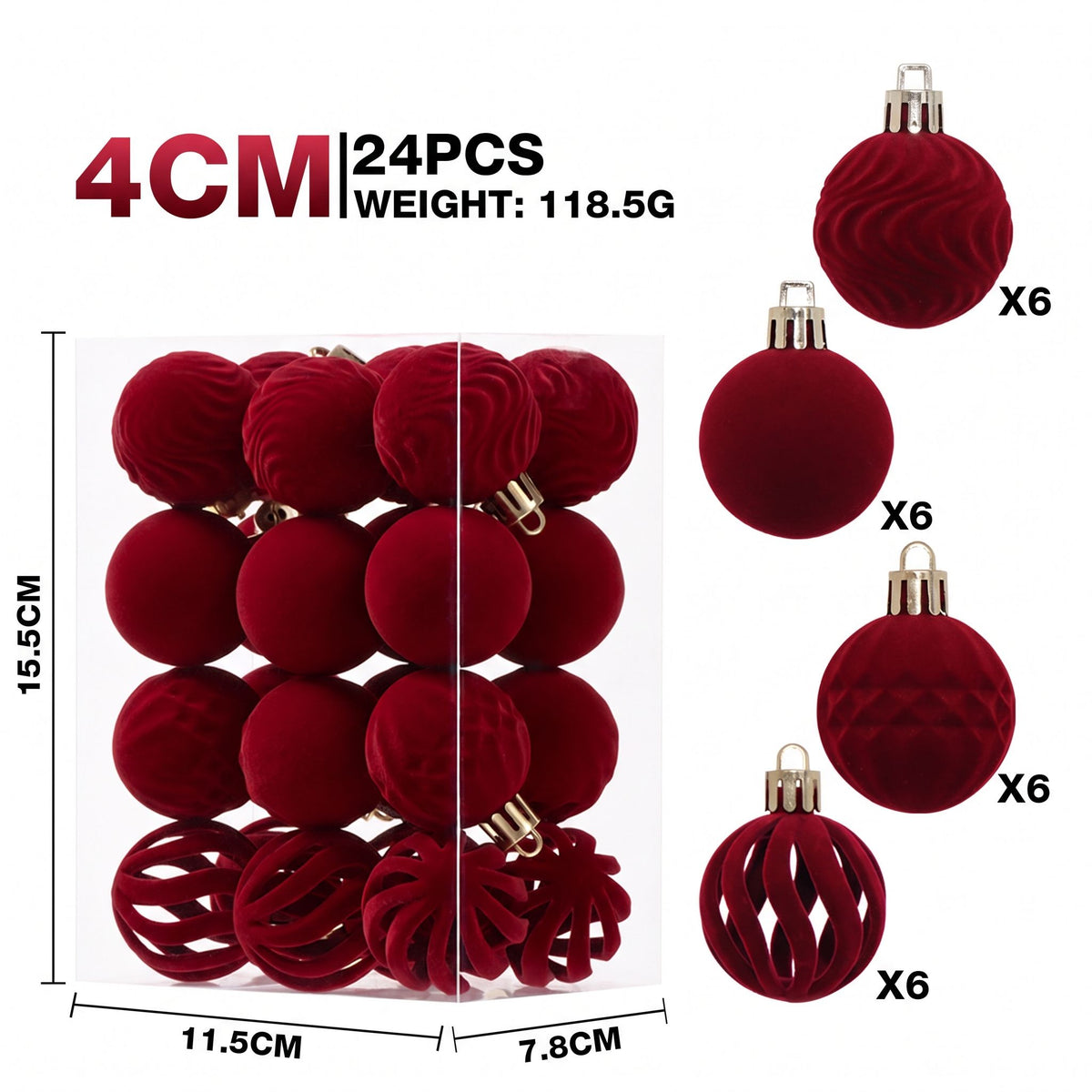 24-Piece Flocked Christmas Ball Ornament Set in Four Textured Styles, 4cm Hanging Decors for Holiday Tree, Festive Scene Display and Tabletop Atmosphere Enhancement (Pink)