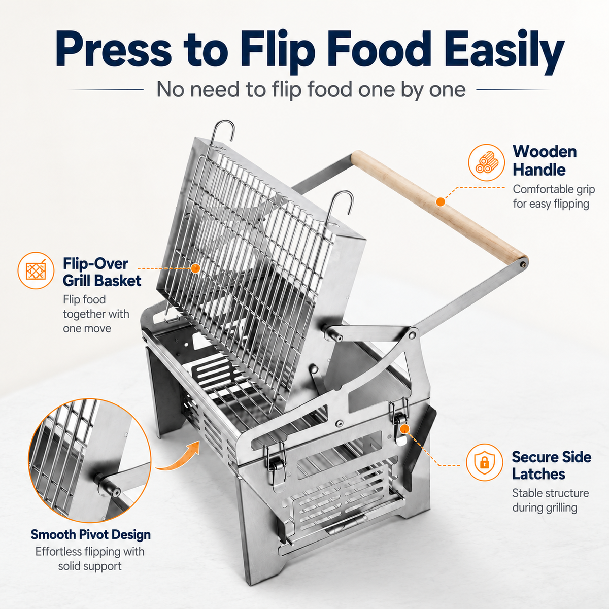 Foldable Portable Flip BBQ Grill and Fire Pit, 304 Stainless Steel Outdoor Camping Picnic Garden Barbecue Stove with Wooden Handle and Storage Bag (Silver)