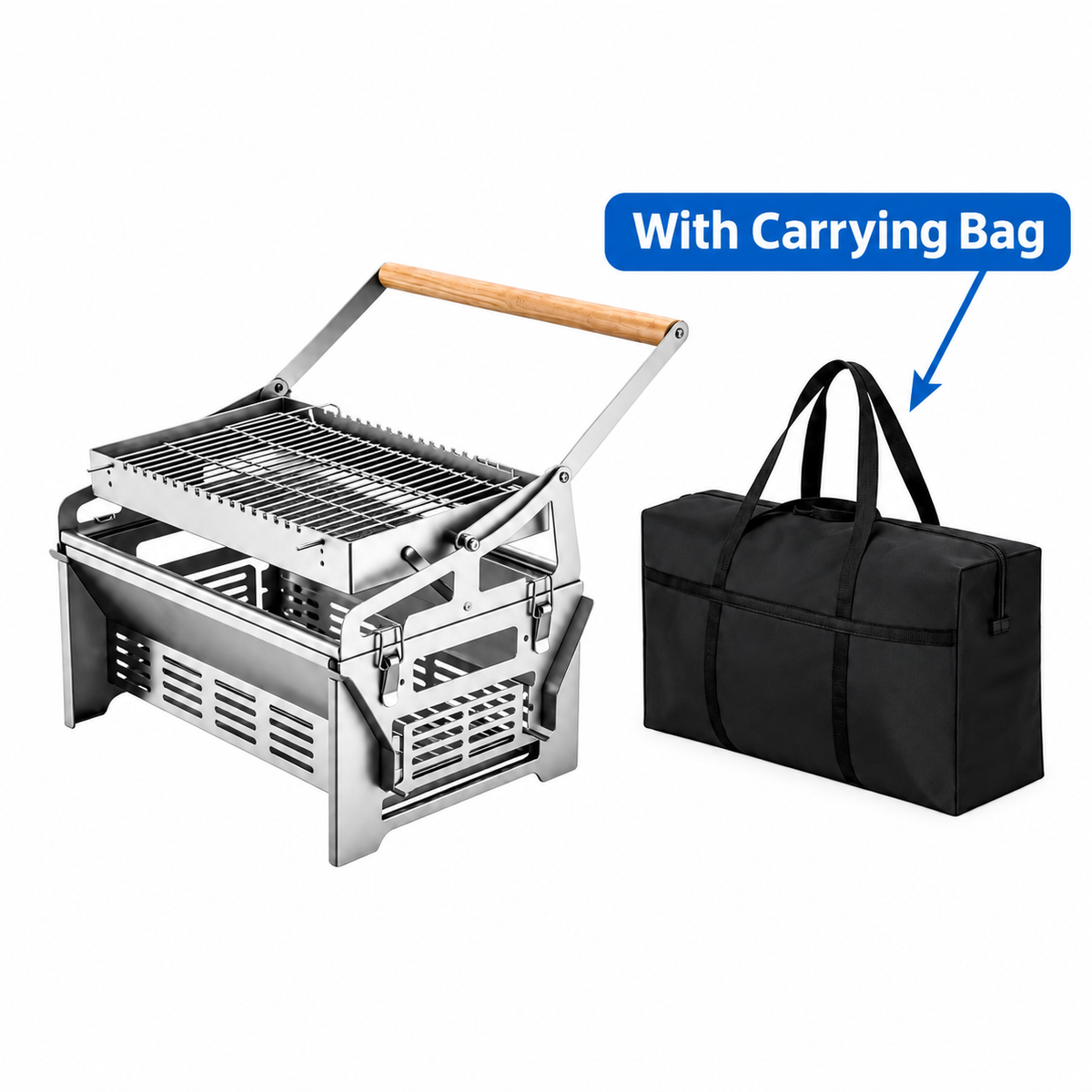 Foldable Portable Flip BBQ Grill and Fire Pit, 304 Stainless Steel Outdoor Camping Picnic Garden Barbecue Stove with Wooden Handle and Storage Bag (Silver)