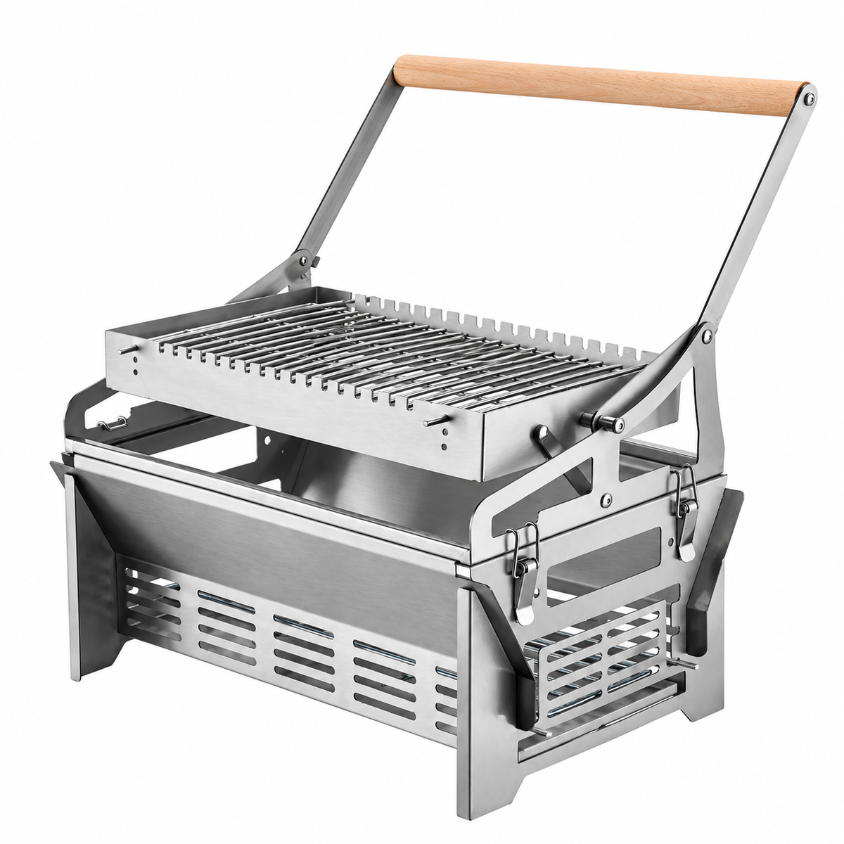 Foldable Portable Flip BBQ Grill and Fire Pit, 304 Stainless Steel Outdoor Camping Picnic Garden Barbecue Stove with Wooden Handle and Storage Bag (Silver)