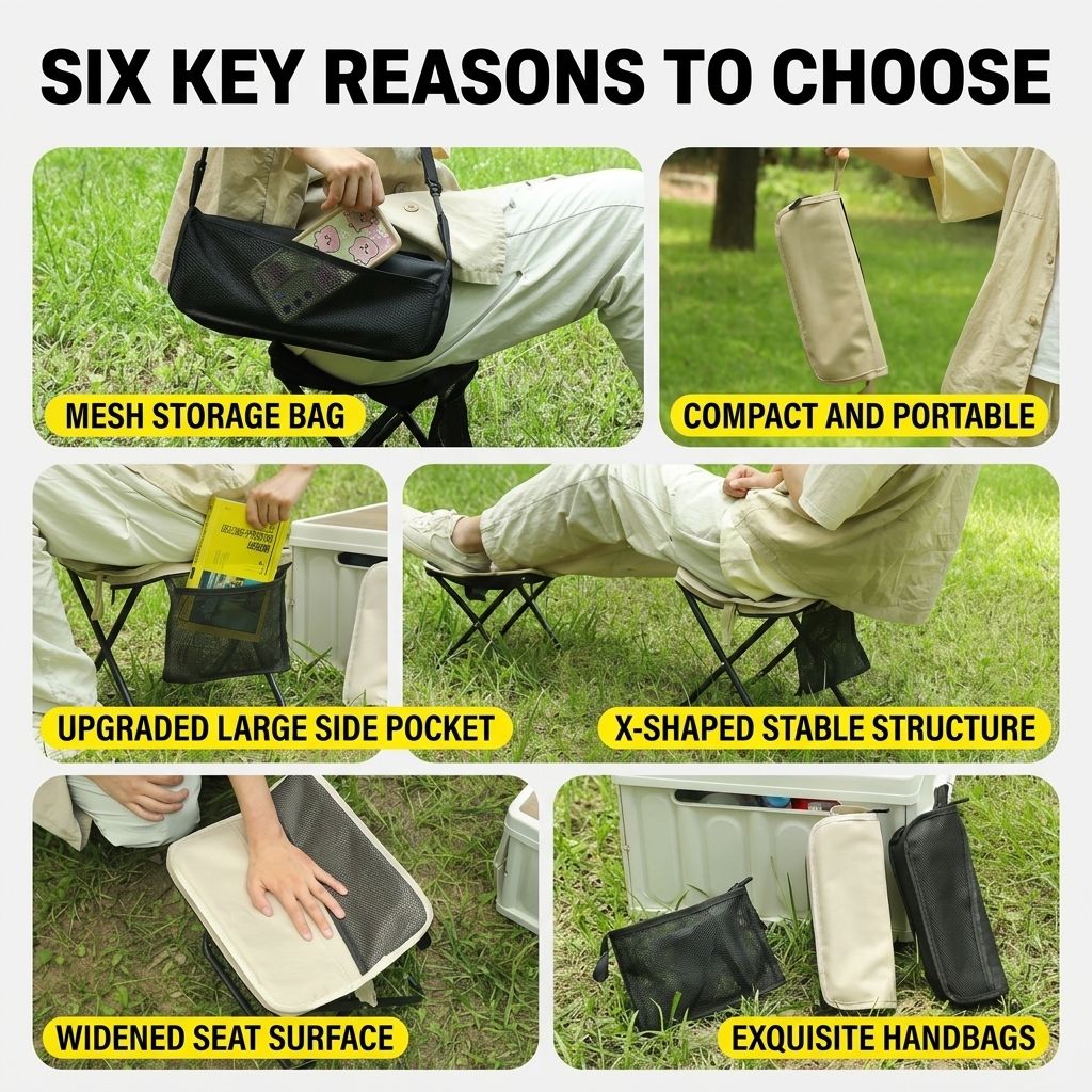 Ultra-Portable Folding Stool with Crossbody Storage Bag – Heavy-Duty Carbon Steel Frame, Oxford Fabric Seat, Side Mesh Pocket, Ideal for Camping, Commuting, Queueing, and On-the-Go Seating (M, Black)