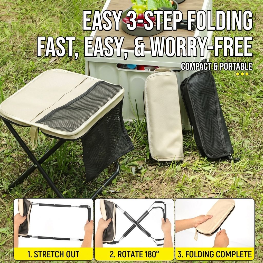 Ultra-Portable Folding Stool with Crossbody Storage Bag – Heavy-Duty Carbon Steel Frame, Oxford Fabric Seat, Side Mesh Pocket, Ideal for Camping, Commuting, Queueing, and On-the-Go Seating (M, Black)
