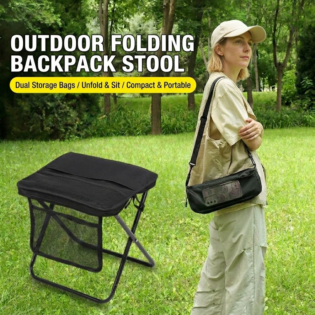 Ultra-Portable Folding Stool with Crossbody Storage Bag – Heavy-Duty Carbon Steel Frame, Oxford Fabric Seat, Side Mesh Pocket, Ideal for Camping, Commuting, Queueing, and On-the-Go Seating (M, Green)