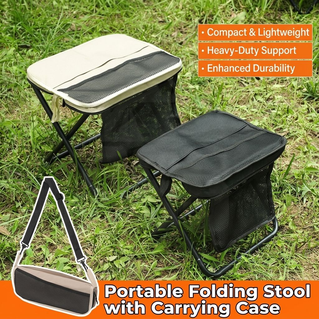 Ultra-Portable Folding Stool with Crossbody Storage Bag – Heavy-Duty Carbon Steel Frame, Oxford Fabric Seat, Side Mesh Pocket, Ideal for Camping, Commuting, Queueing, and On-the-Go Seating (M, Green)