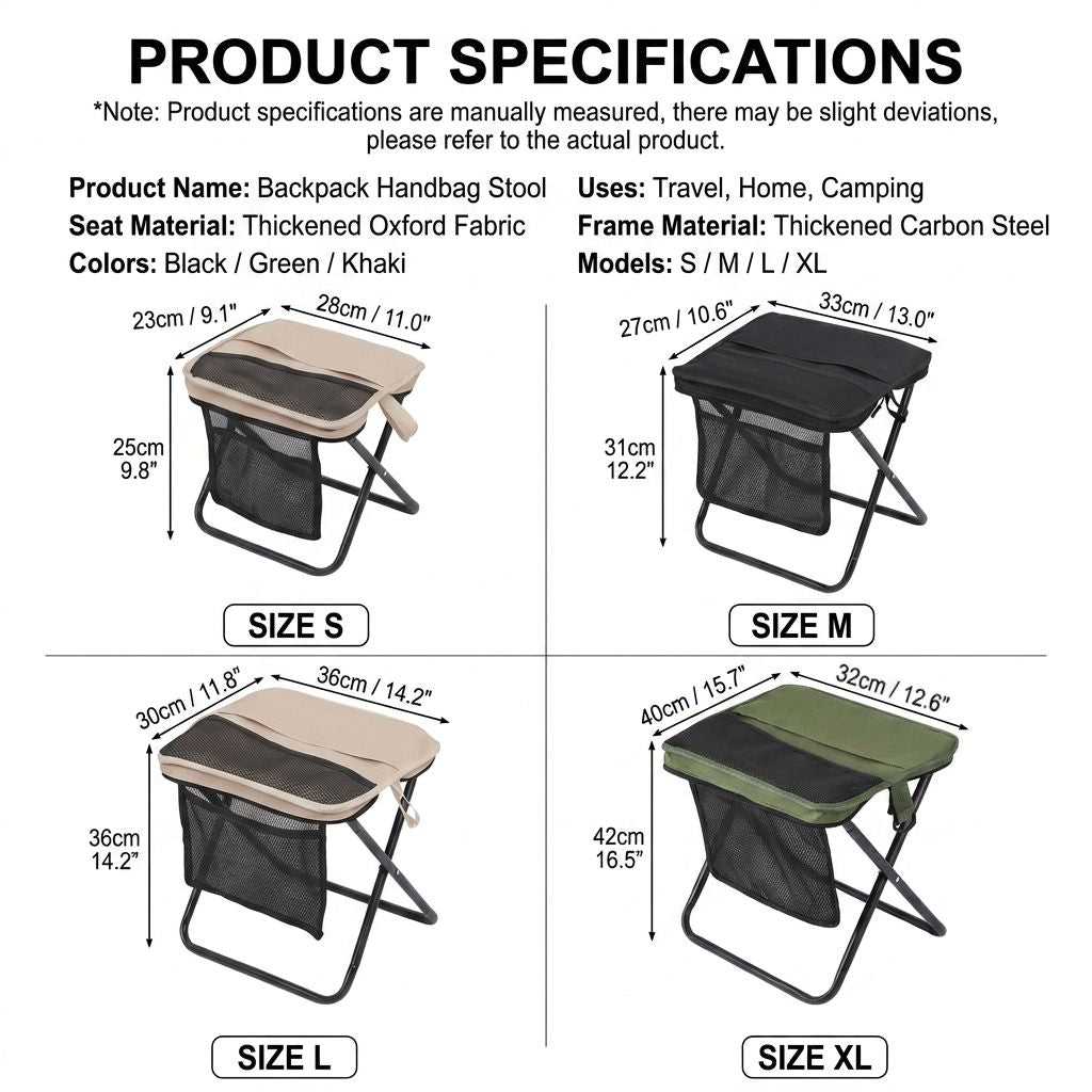 Ultra-Portable Folding Stool with Crossbody Storage Bag – Heavy-Duty Carbon Steel Frame, Oxford Fabric Seat, Side Mesh Pocket, Ideal for Camping, Commuting, Queueing, and On-the-Go Seating (M, Khaki)