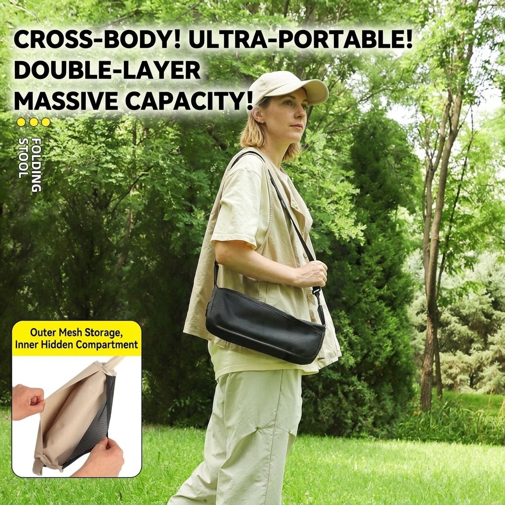 Ultra-Portable Folding Stool with Crossbody Storage Bag – Heavy-Duty Carbon Steel Frame, Oxford Fabric Seat, Side Mesh Pocket, Ideal for Camping, Commuting, Queueing, and On-the-Go Seating (M, Khaki)