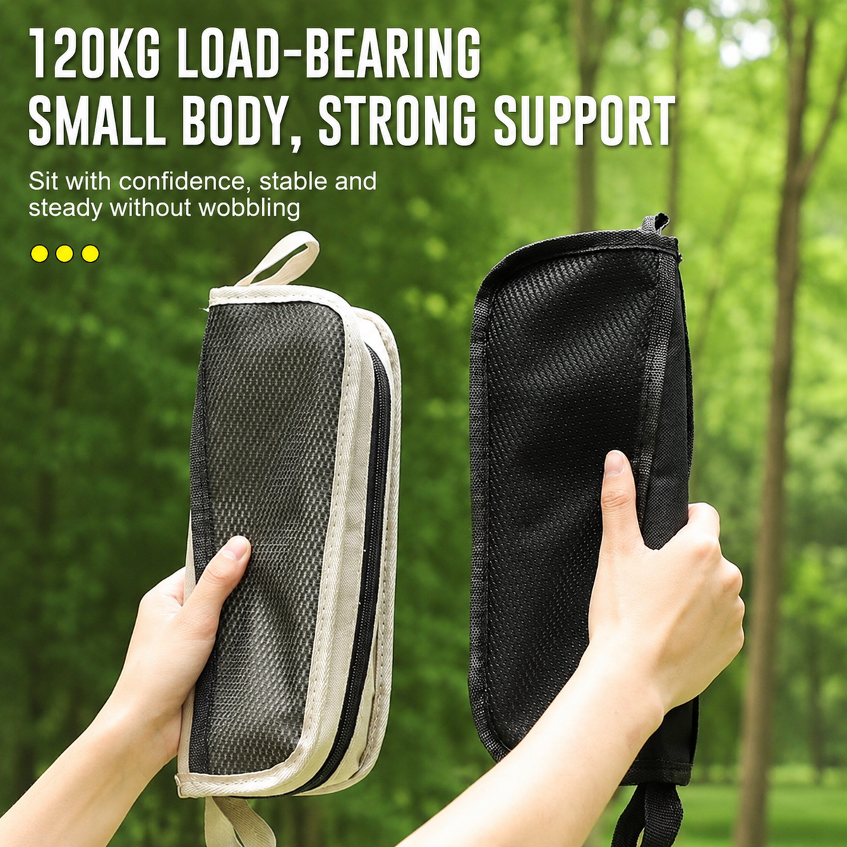 Ultra-Portable Folding Stool with Crossbody Storage Bag – Heavy-Duty Carbon Steel Frame, Oxford Fabric Seat, Side Mesh Pocket, Ideal for Camping, Commuting, Queueing, and On-the-Go Seating (M, Khaki)