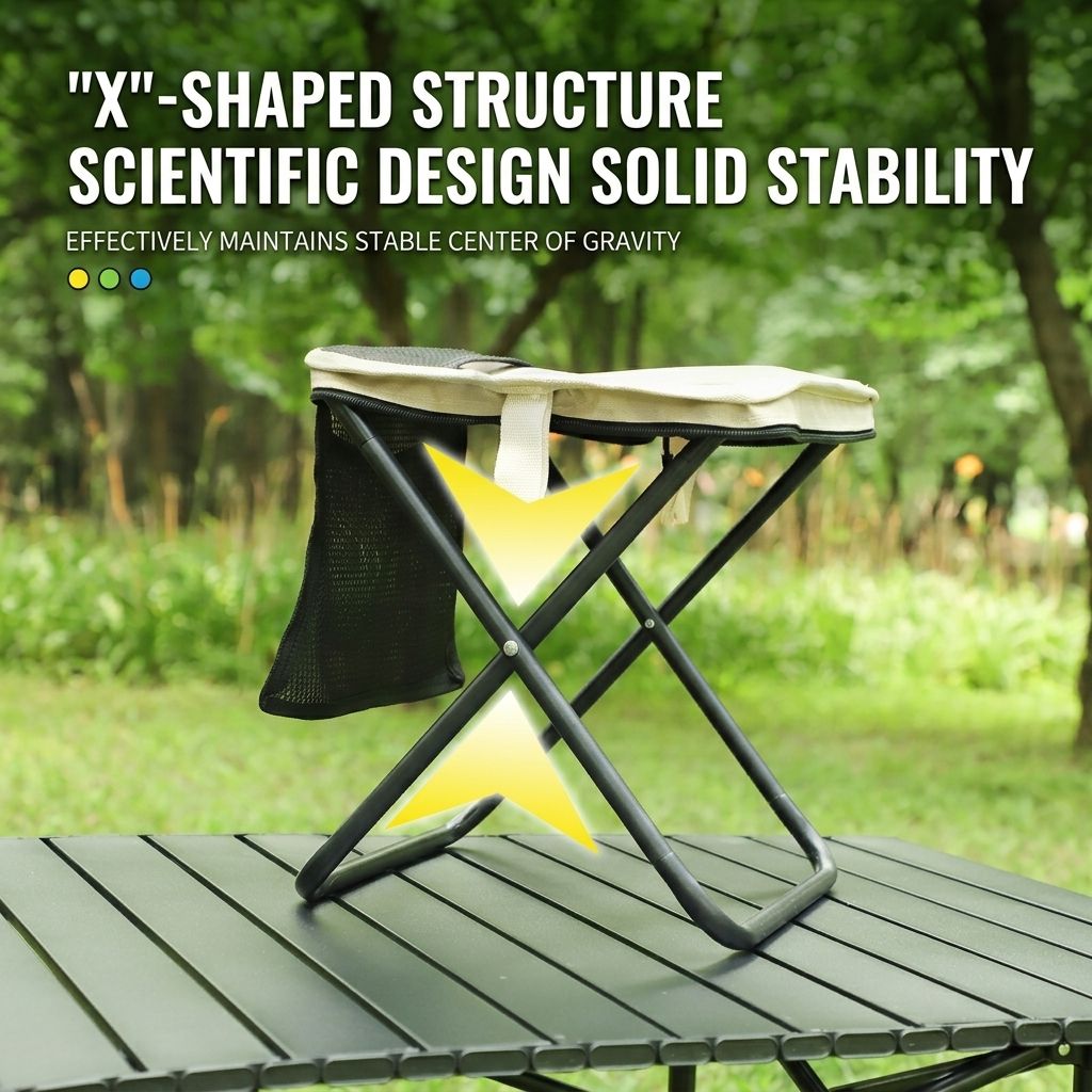 Ultra-Portable Folding Stool with Crossbody Storage Bag – Heavy-Duty Carbon Steel Frame, Oxford Fabric Seat, Side Mesh Pocket, Ideal for Camping, Commuting, Queueing, and On-the-Go Seating (M, Khaki)