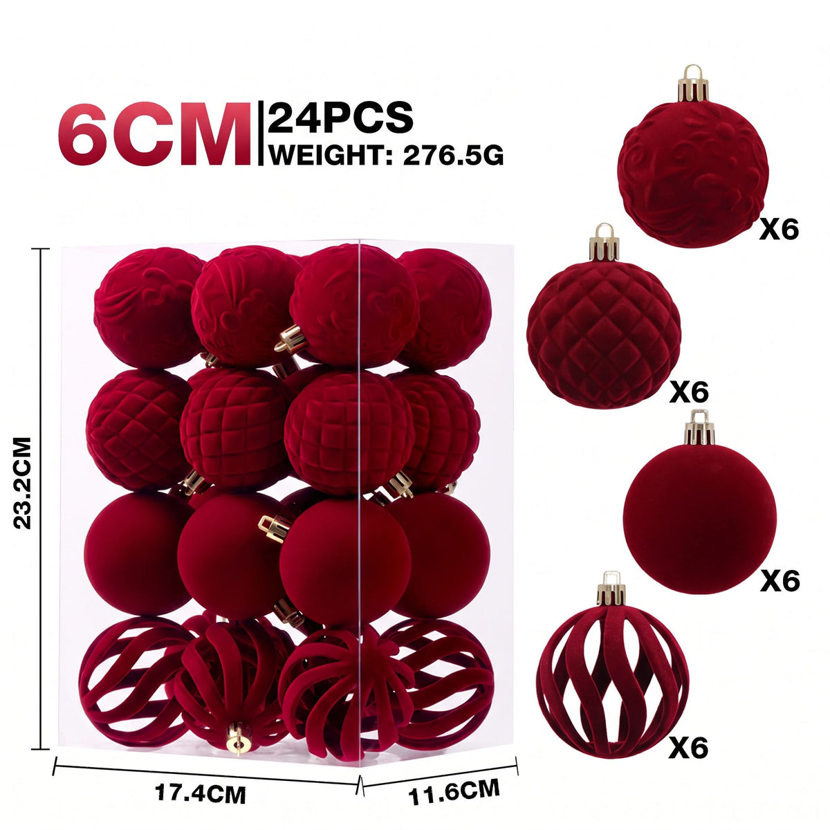 6cm Flocked Christmas Balls Set of 24 with Metal Hangers, Four Textured Styles in Wine Red, Cream White, Pink, Dark Green and Caramel Brown for Tree and Tabletop Holiday Displays (Burgundy)