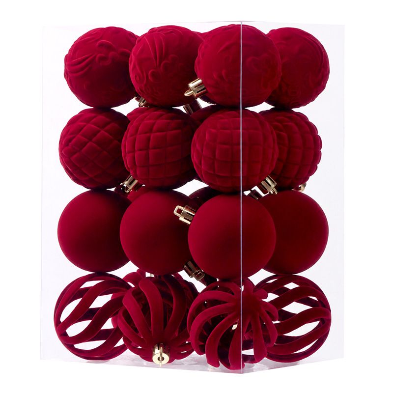 6cm Flocked Christmas Balls Set of 24 with Metal Hangers, Four Textured Styles in Wine Red, Cream White, Pink, Dark Green and Caramel Brown for Tree and Tabletop Holiday Displays (Pink)