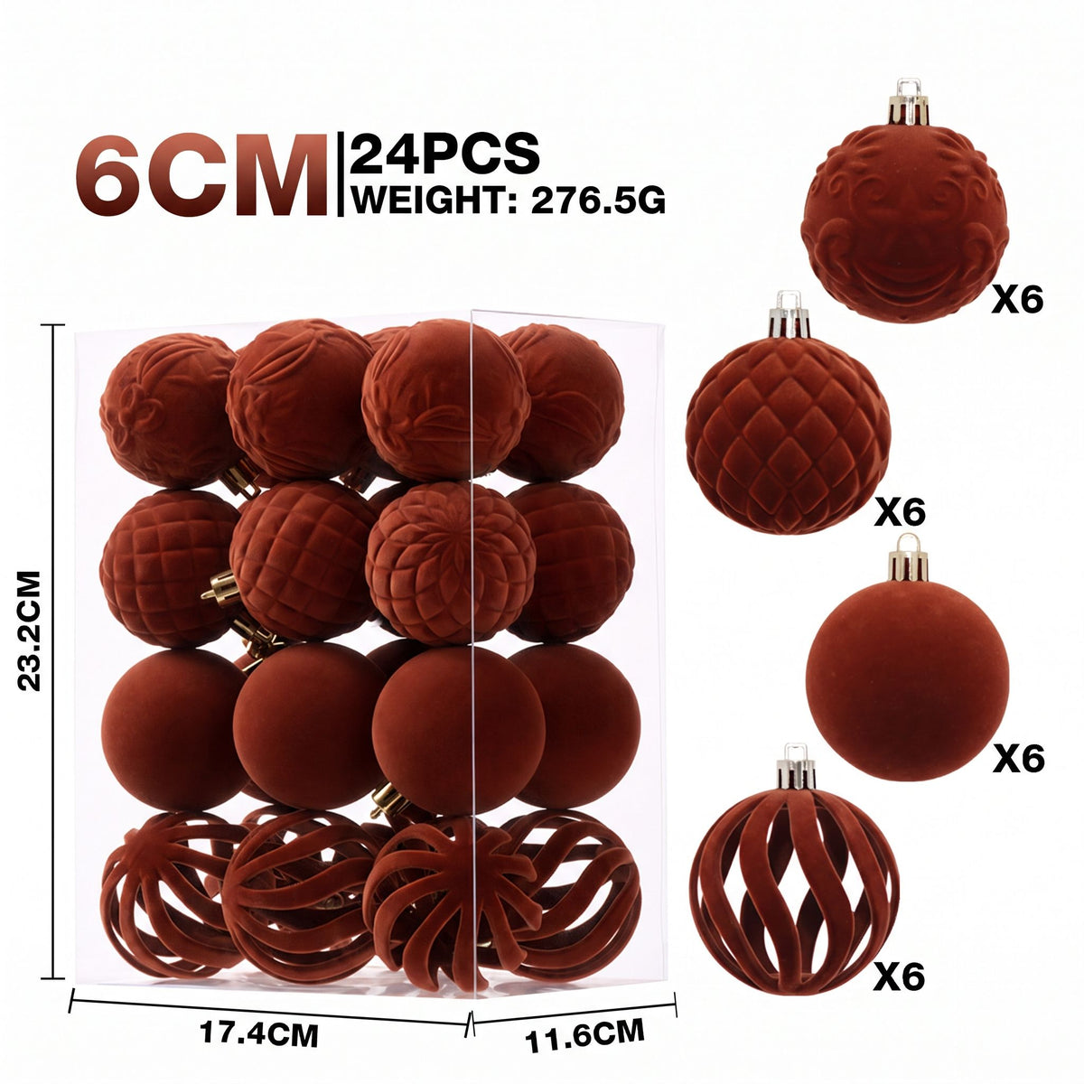 6cm Flocked Christmas Balls Set of 24 with Metal Hangers, Four Textured Styles in Wine Red, Cream White, Pink, Dark Green and Caramel Brown for Tree and Tabletop Holiday Displays (Pink)