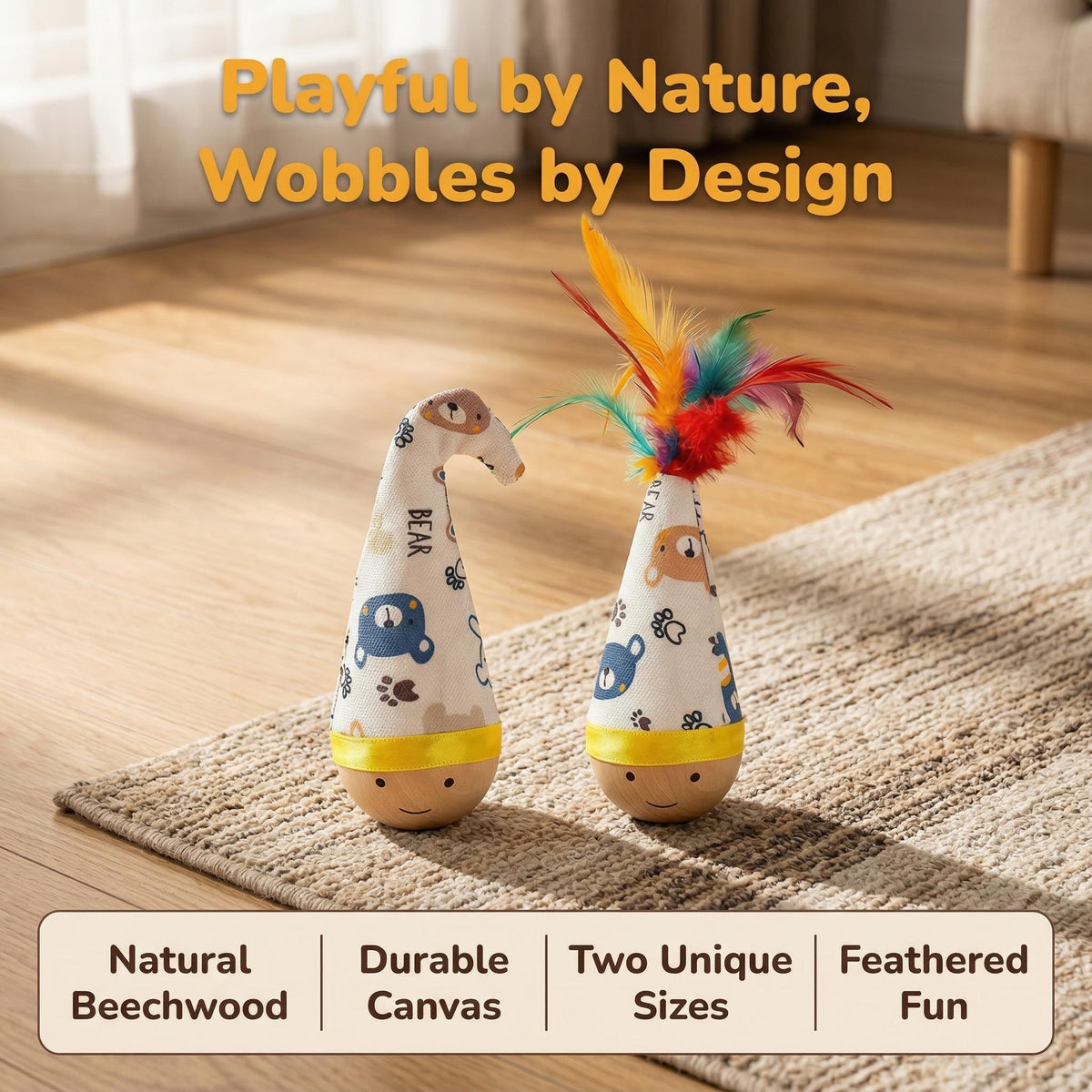 Self-Righting Pet Toy with Natural Wood Base and Durable Fabric Top, Featuring Feather Options and Playful Smile Design, Perfect for Indoor Cats and Small Dogs to Chase, Bat, and Enjoy Endless Fun. (Combo2)